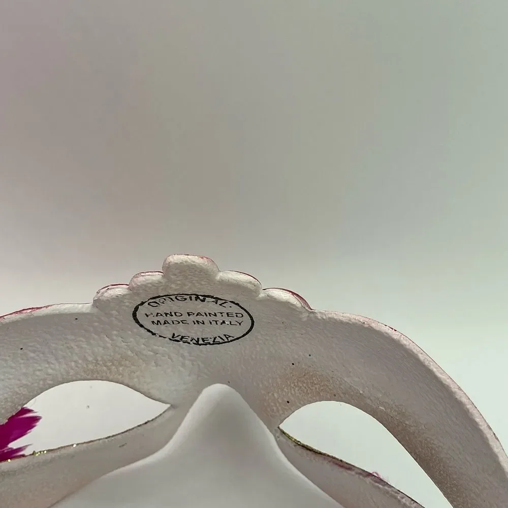 Pink and Gold Masquerade Mask with Feather.Hand painted in Italy